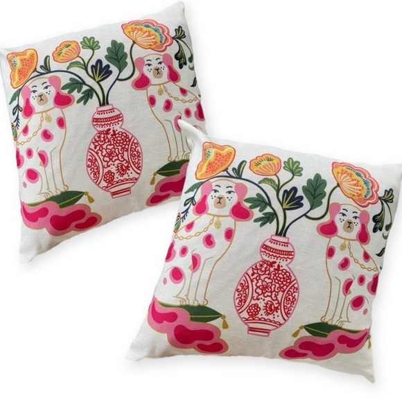 2 Staffordshire Dog Pillow Covers in Pink or Blue Chinoiserie New - Picture 1 of 16